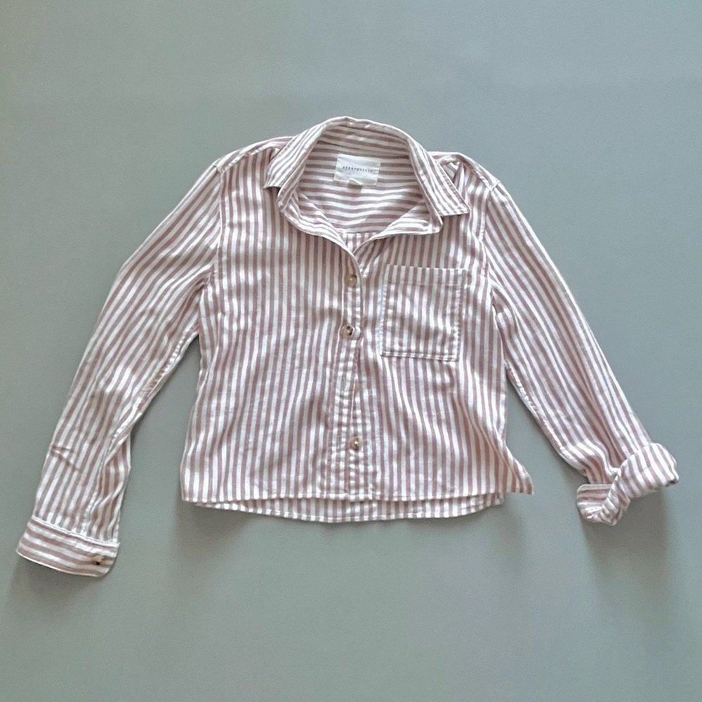 Aeropostale Reddish Brown Cream White Vertical Stripe Cropped Long Sleeve Button